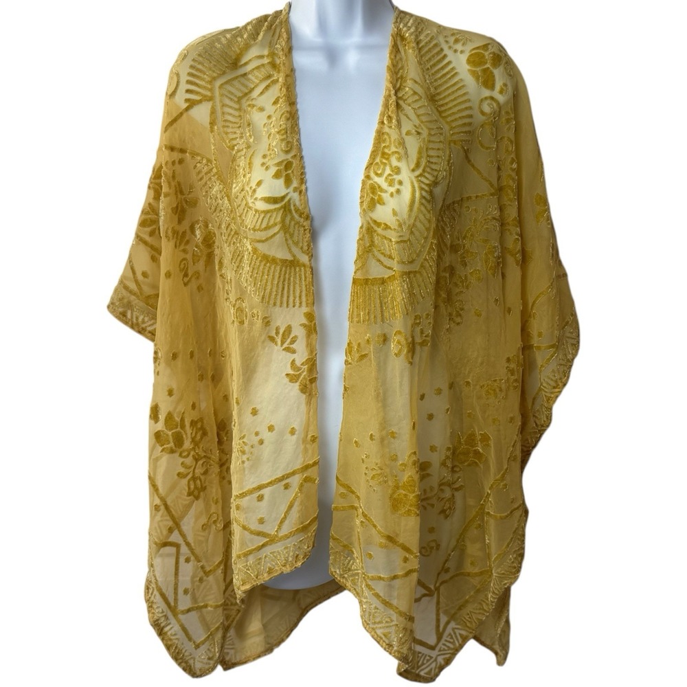 Francesca's Floral Kimono Cover Up Velour Detail Boho Ethereal Whimsy Fairy OS - Picture 2 of 9